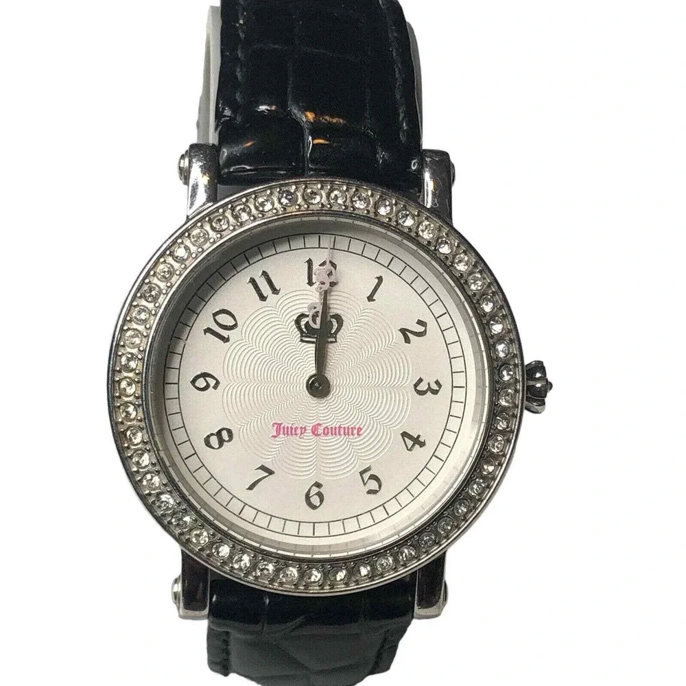 Juicy Couture Women's Watch Black Leather‎ Band Rhinestone Bezel Crown Logo